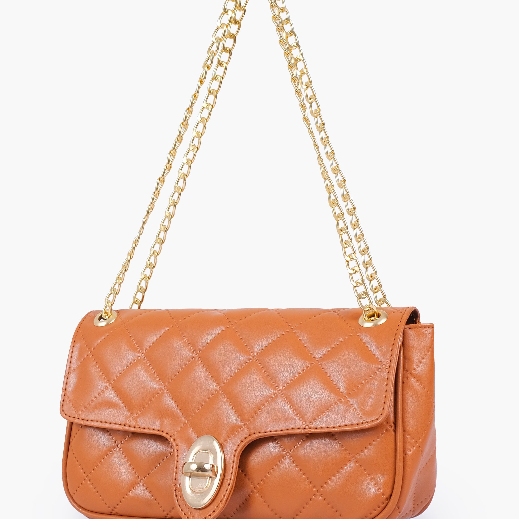 Buy Mustard quilted small shoulder bag with chain in Pakistan