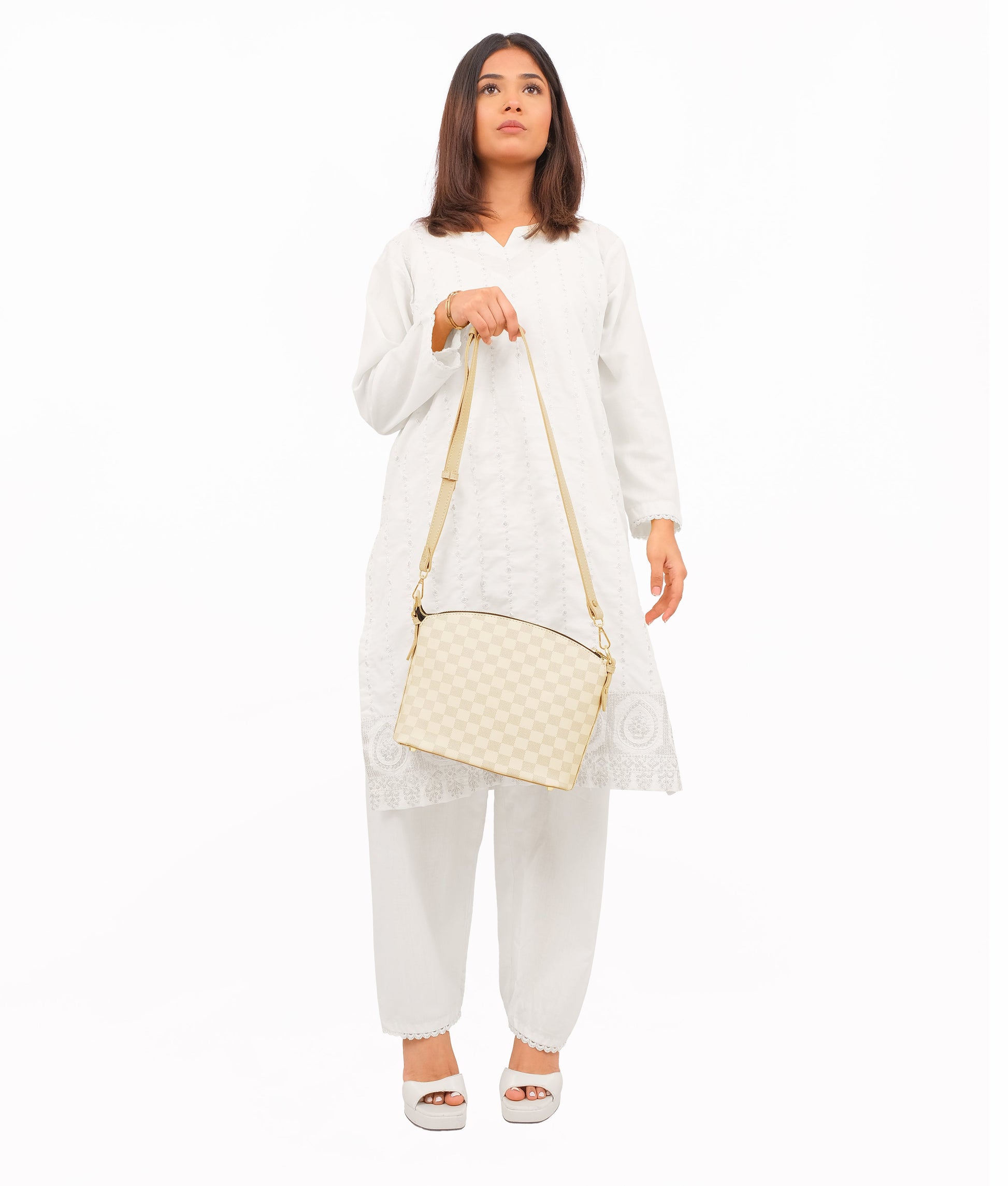 Buy Off-white checkered dome cross-body bag in Pakistan