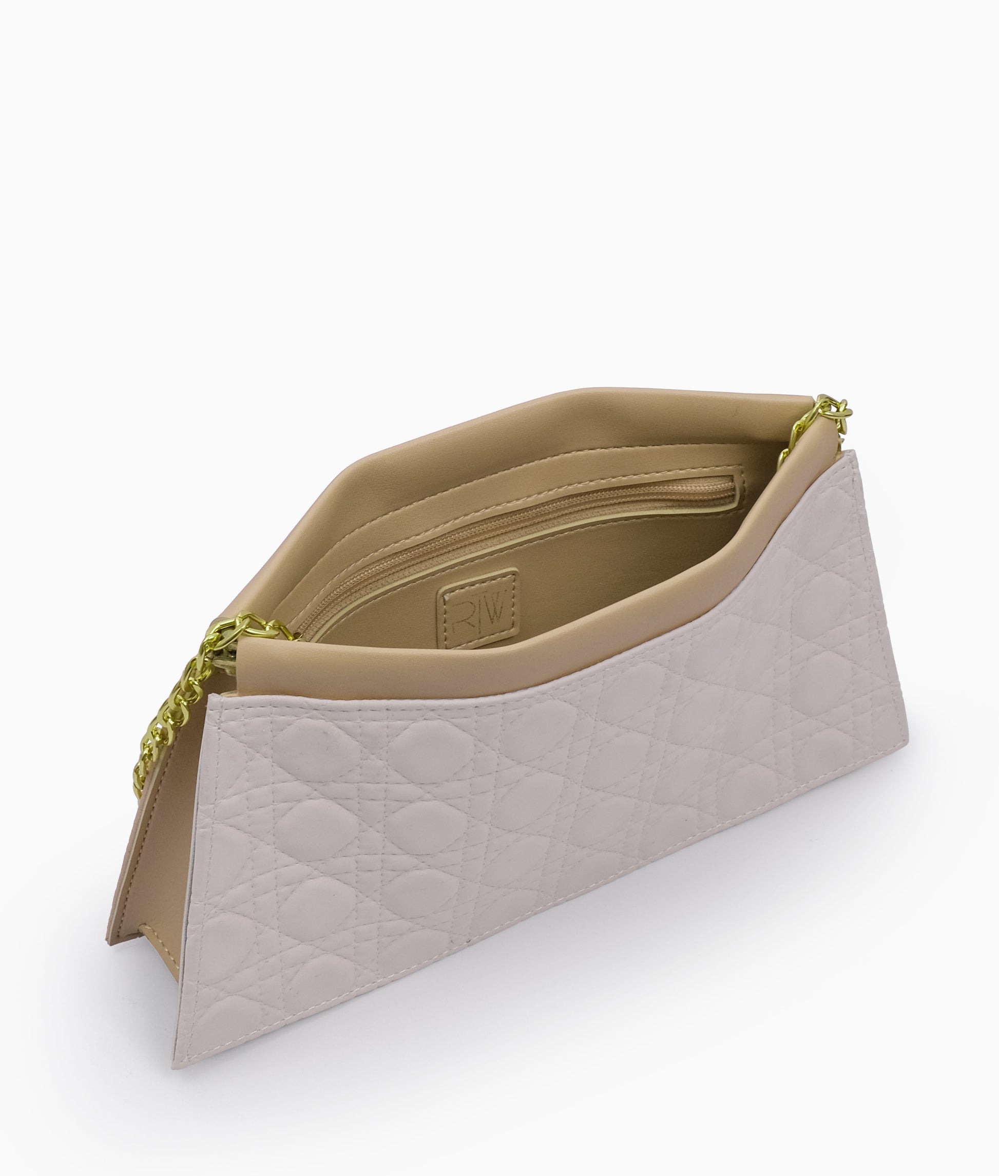 Buy Off-white quilted evening clutch with snap closure in Pakistan