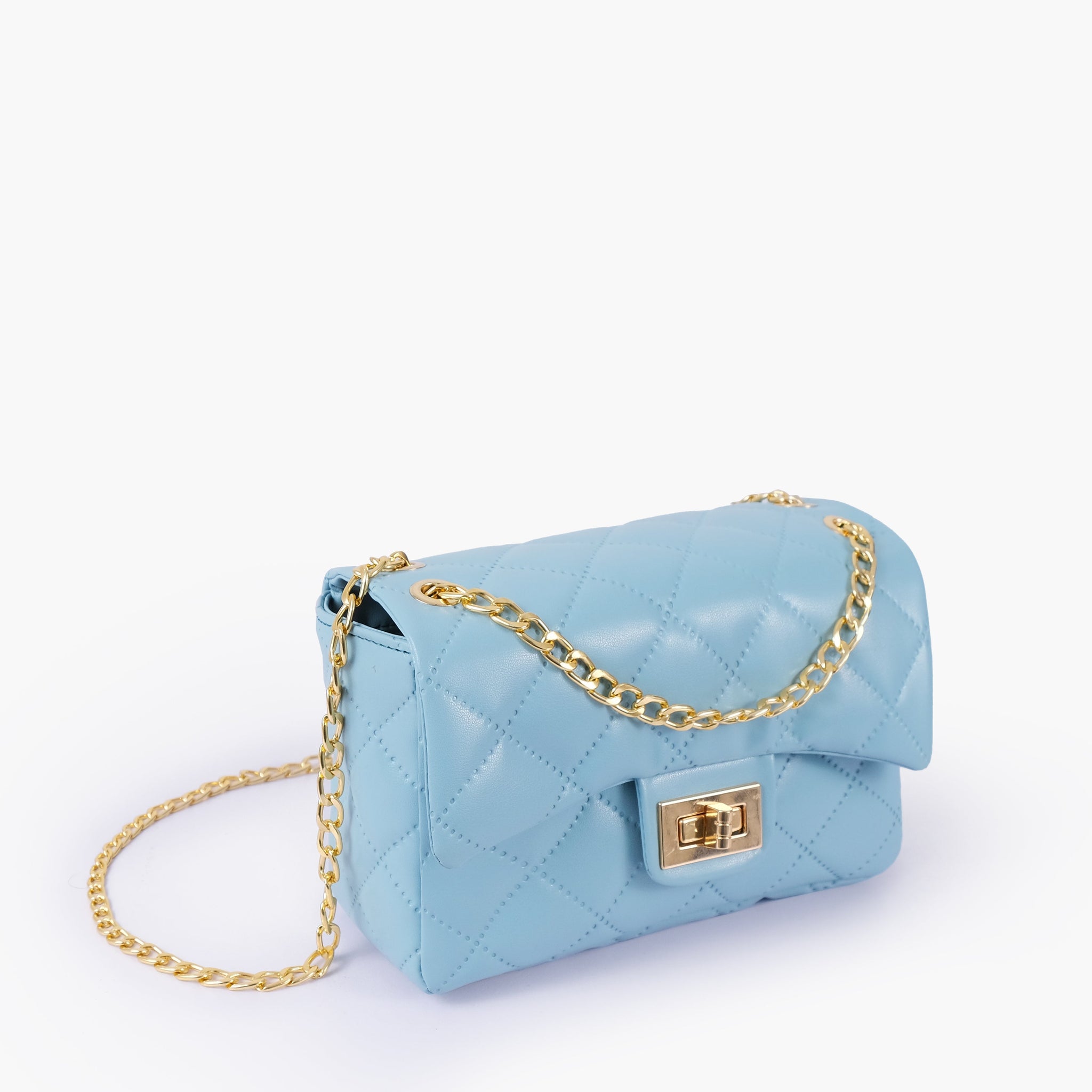 Buy Sky Blue quilted mini bag with chain in Pakistan