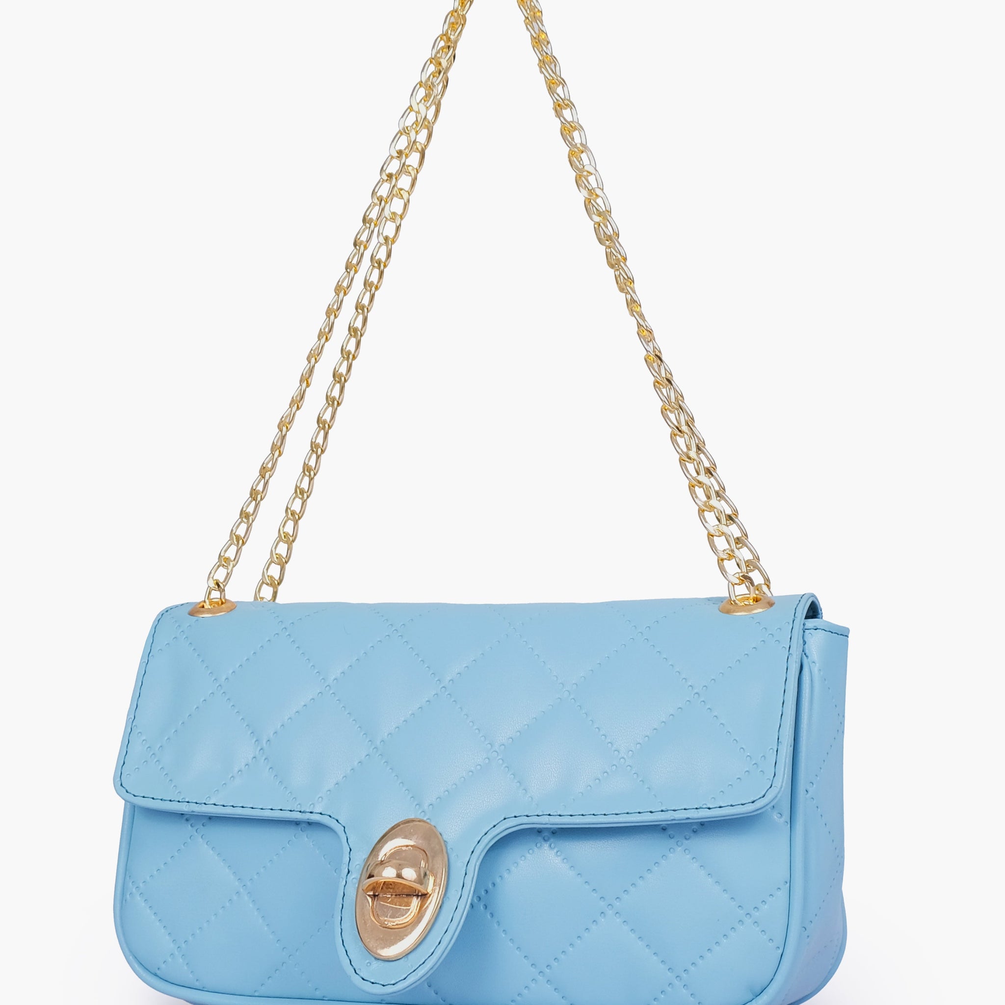 Buy Sky blue quilted small shoulder bag with chain in Pakistan