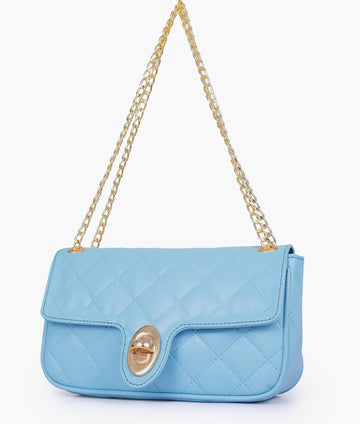 Buy Sky blue quilted small shoulder bag with chain in Pakistan