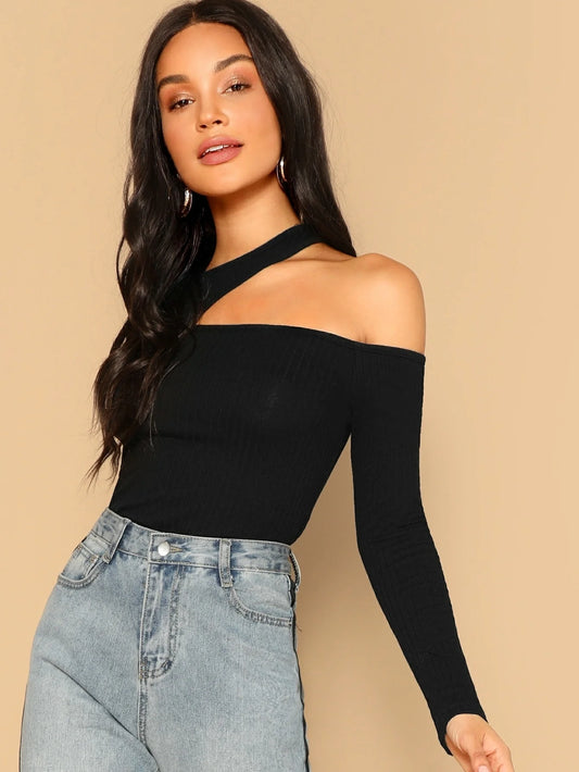 Ribbed Knit Backless Twisted Back Square Neck Long Sleeve Thumb Hole Curved  Hem Solid Casual Top