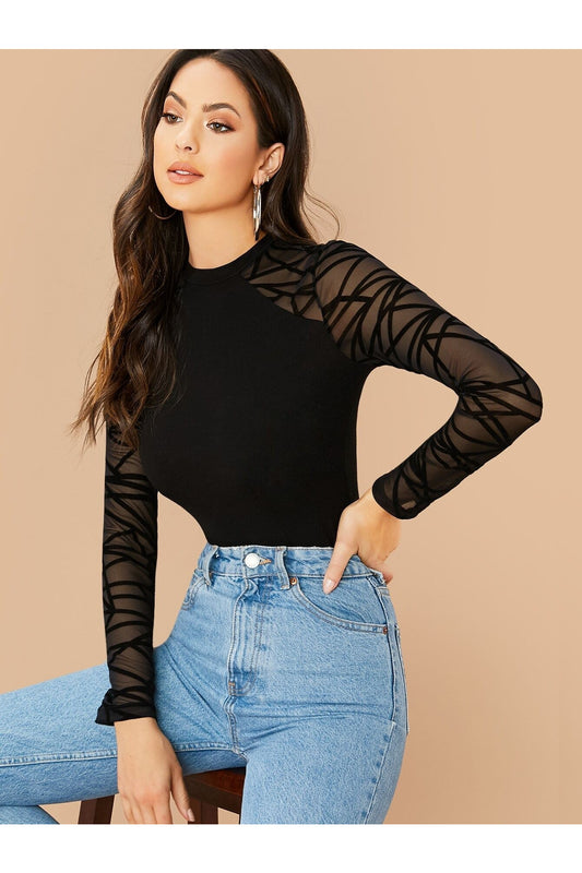 Buy SHEIN Geo Mesh Sleeve Form Fitted Bodysuit - Extra Small Black in Pakistan