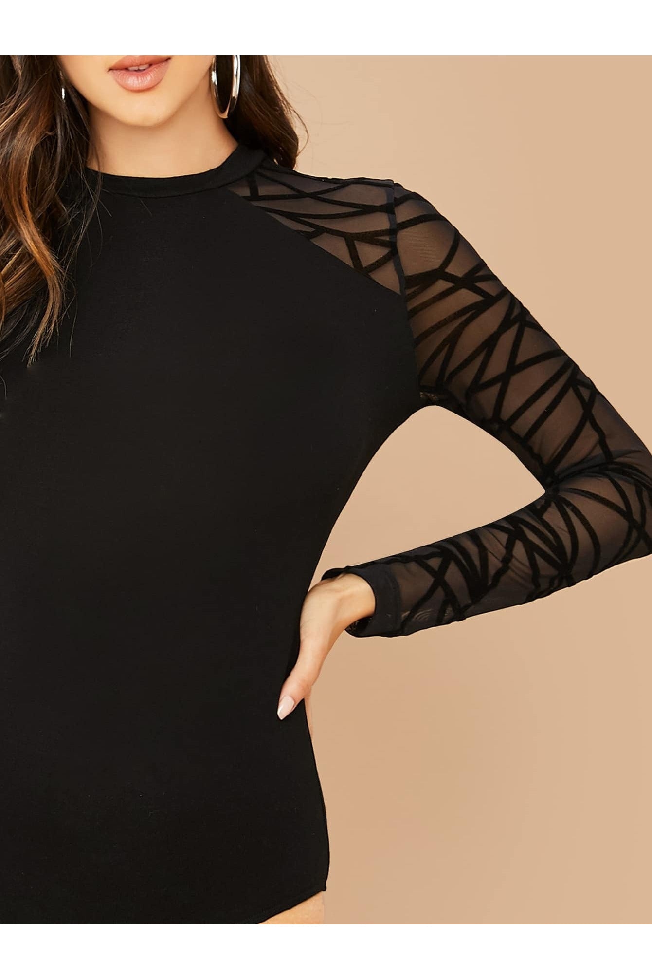 Buy SHEIN Geo Mesh Sleeve Form Fitted Bodysuit - Extra Small Black in Pakistan