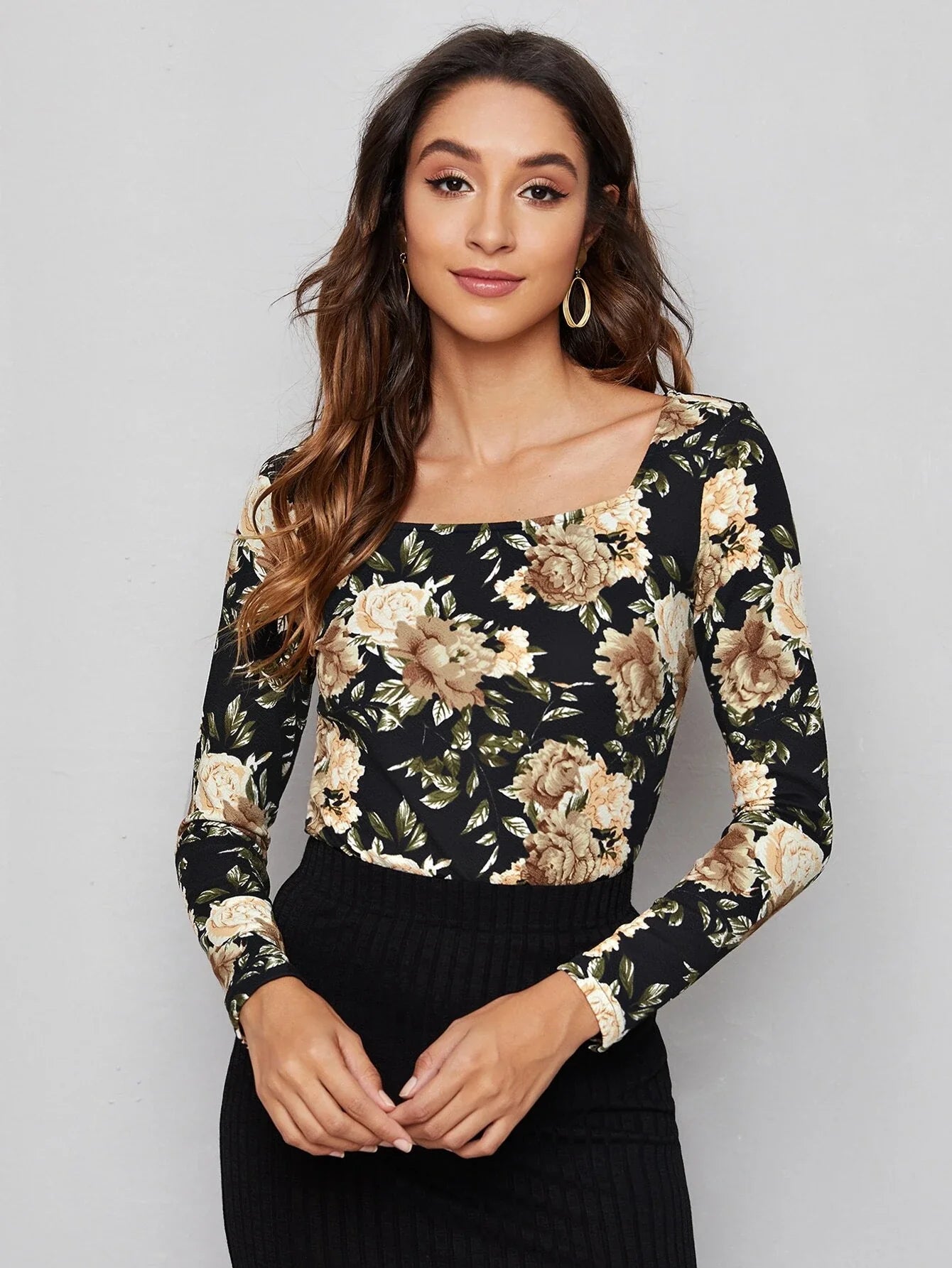 Buy Shein Emery Rose Square Neck Floral Print Tee in Pakistan