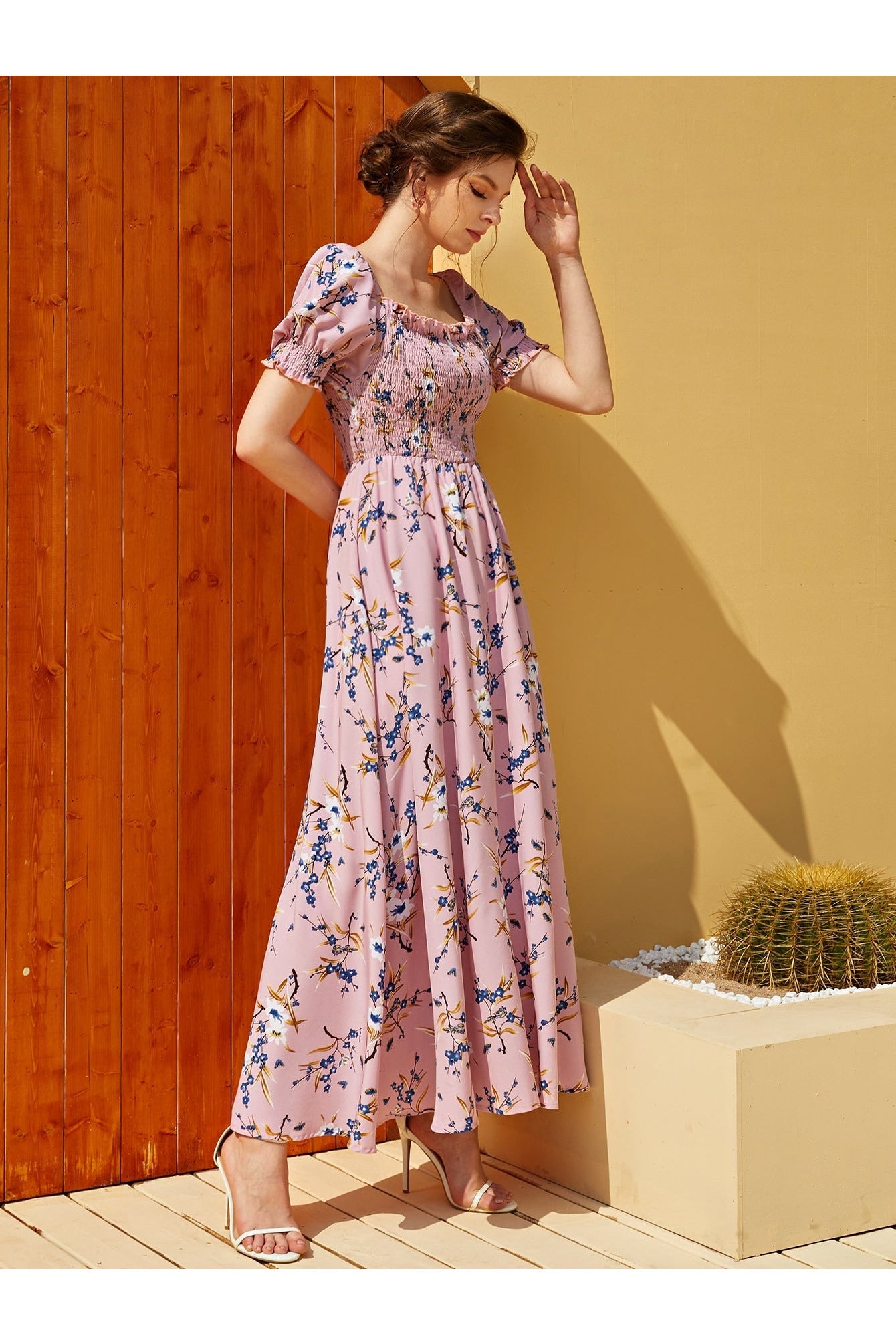 Buy Shein Floral Square Neck Shirred A-line Dress - Small Dusty Pink in Pakistan