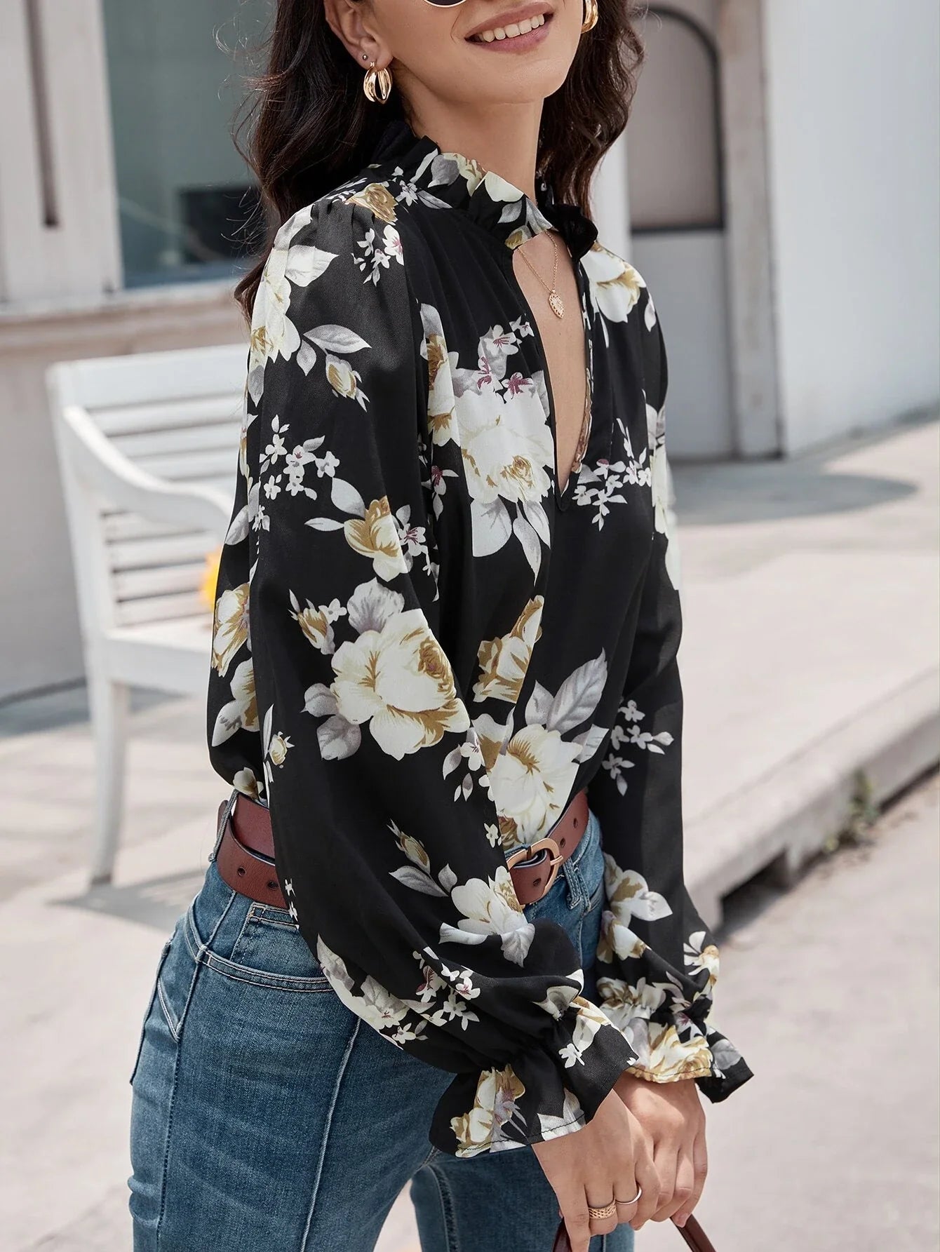 Buy Shein Floral Print Notch Neck Flounce Sleeve Blouse in Pakistan