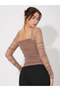 Buy SHEIN Mesh Panel Ruched Glitter Top in Pakistan