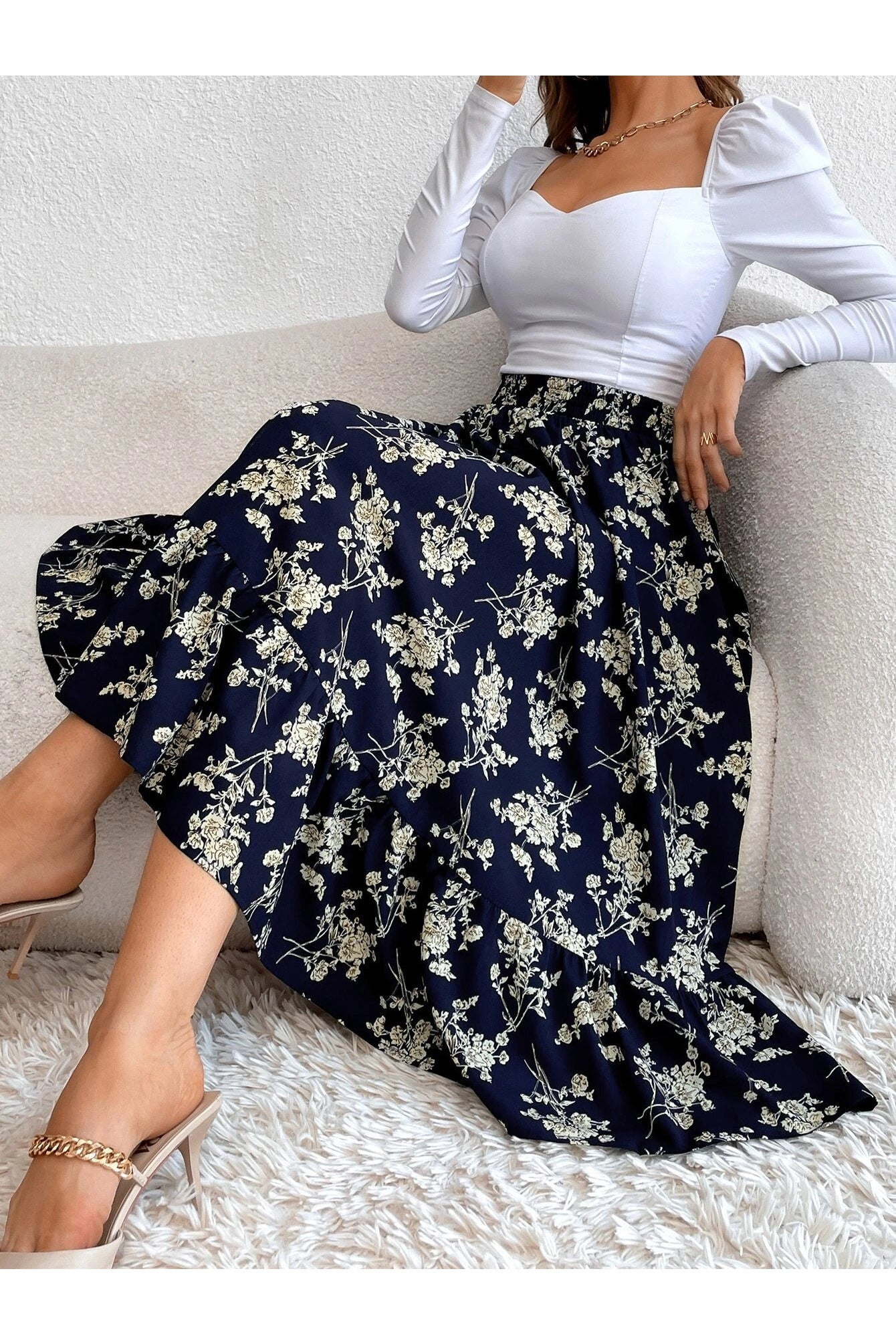 Buy Shein Allover Floral Print Ruffle Hem Skirt - Small in Pakistan