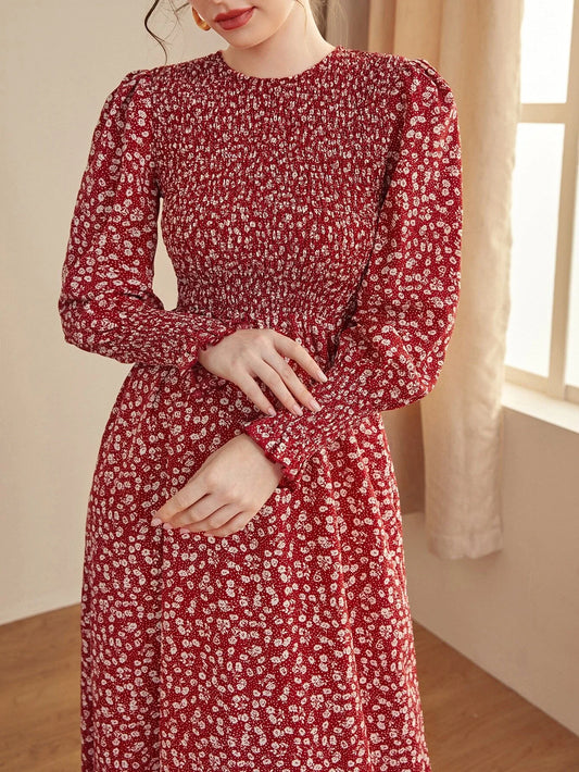 SHEIN Mulvari Plus Allover Floral Print Tie Front Puff Sleeve Asymmetrical  Hem Dress