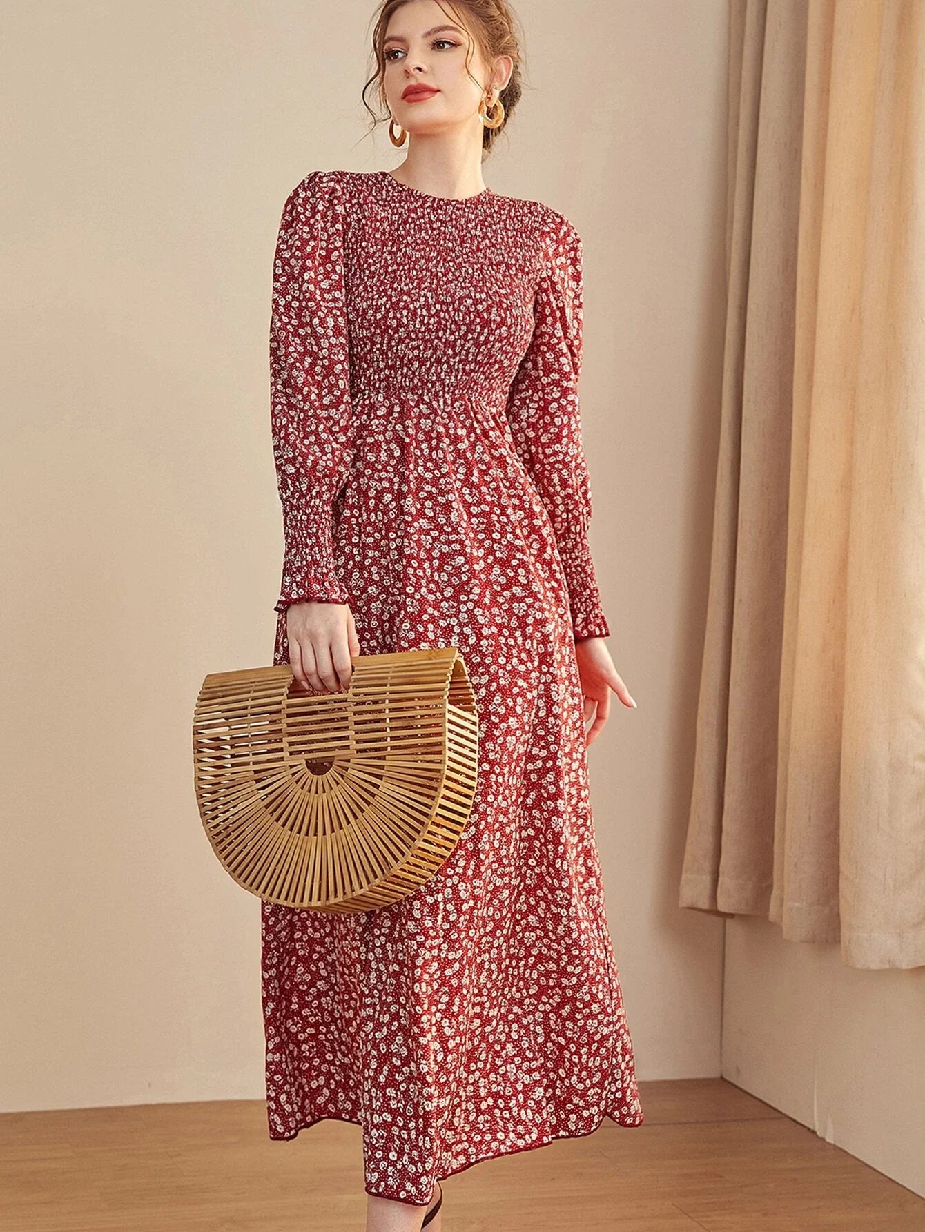 Buy Shein Mulvari Ditsy Floral Puff Sleeve Shirred A Line Dress in Pakistan
