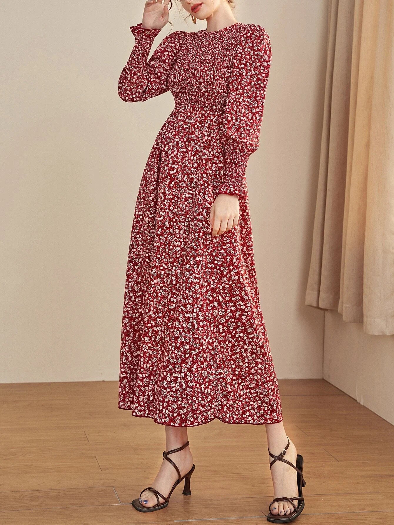 Buy Shein Mulvari Ditsy Floral Puff Sleeve Shirred A Line Dress in Pakistan