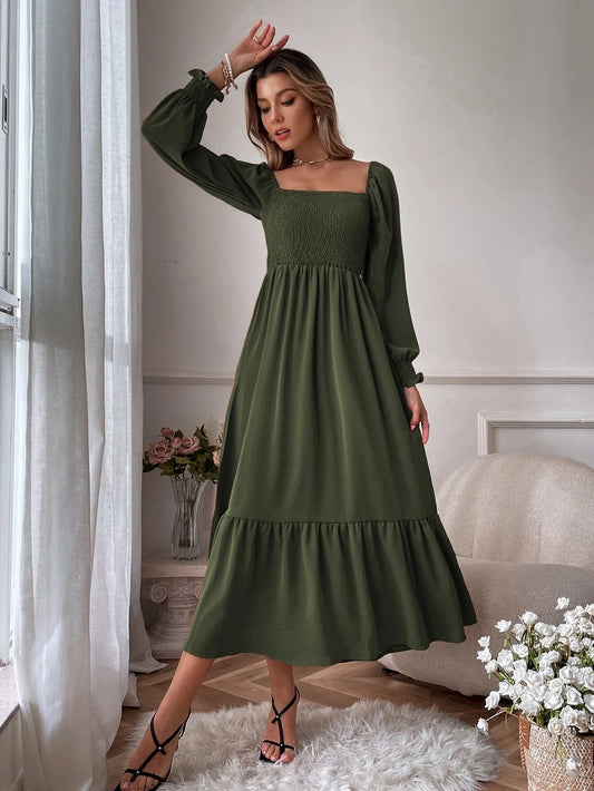 Buy Shein Vcay Square Neck Shirred Ruffle Hem Dress in Pakistan