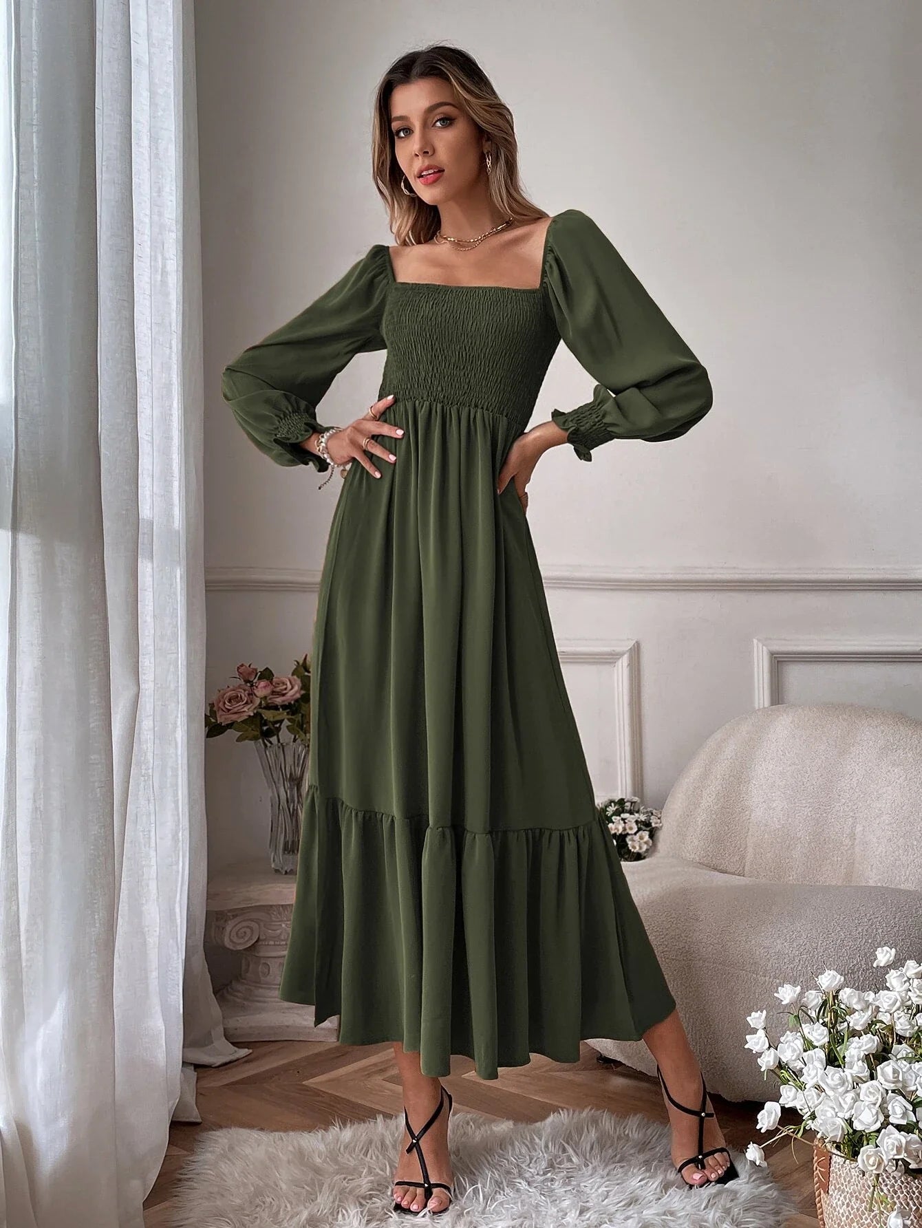 Buy Shein Vcay Square Neck Shirred Ruffle Hem Dress in Pakistan