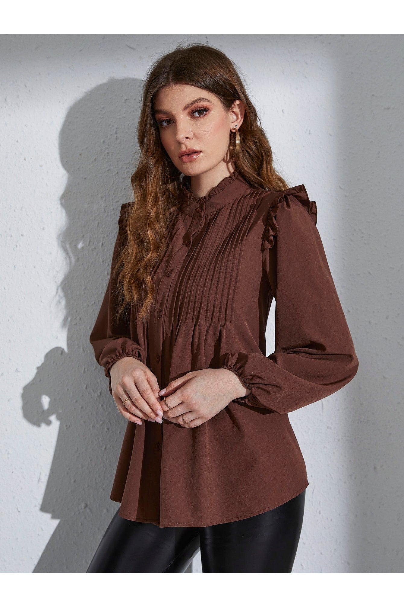 Buy Shein Frill Neck Pleated Button Up Blouse - Small in Pakistan