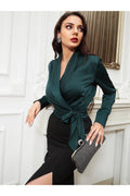Buy Shein Shawl Collar Tie Side Satin Blouse - Large Dark Green in Pakistan