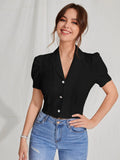 Buy Shein Mod Lapel Collar Puff Sleeve Button Up Blouse in Pakistan