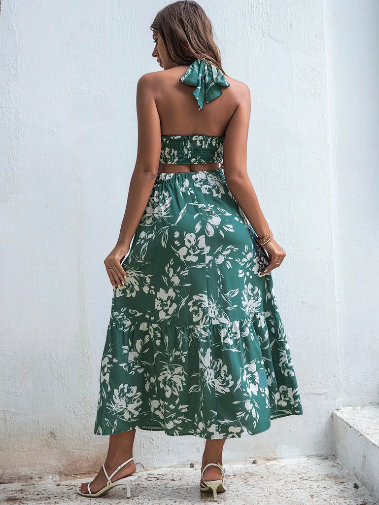 Buy Shein Vcay Floral Print Criss Cross Tie Back Crop Top & Ruffle Hem Skirt Set in Pakistan