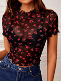 Buy Shein Frenchy Ditsy Floral Lettuce Trim Sheer Mesh Top Without Bra in Pakistan