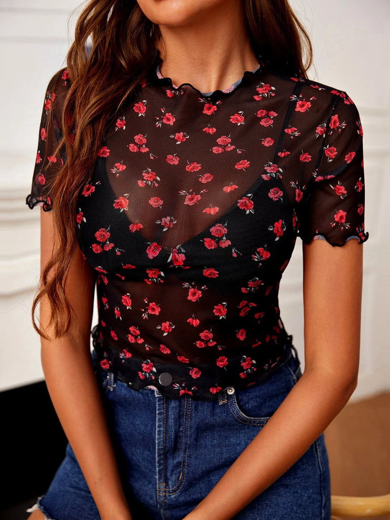 Buy Shein Frenchy Ditsy Floral Lettuce Trim Sheer Mesh Top Without Bra in Pakistan