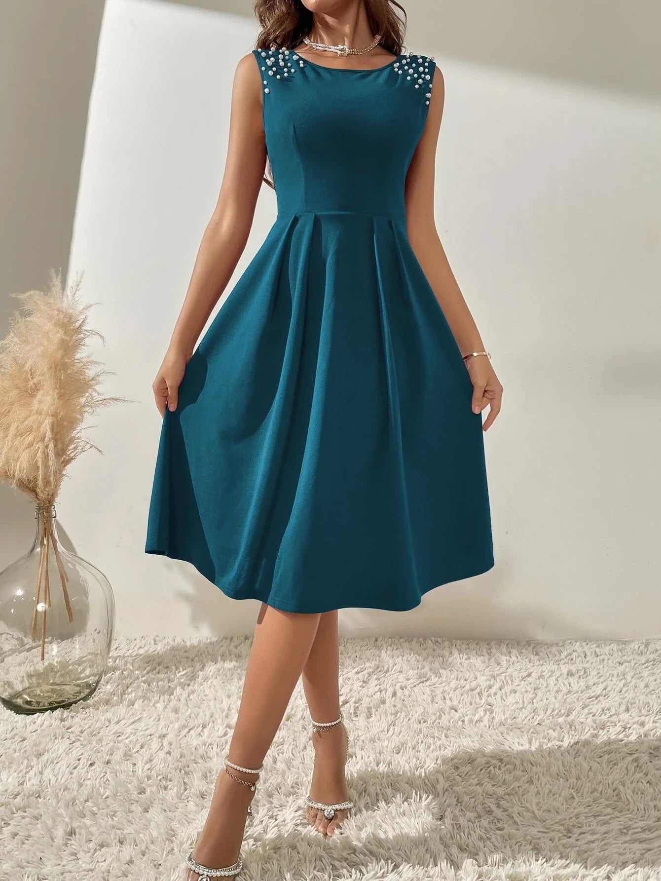 Buy Shein Solid Pearl Beaded A Line Dress in Pakistan
