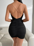 Buy Shein Draped Collar Chain Detail Crisscross Backless Ruched Cami Dress in Pakistan