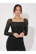 Buy SHEIN Mesh Panel Ruched Glitter Top - Extra Small Black in Pakistan