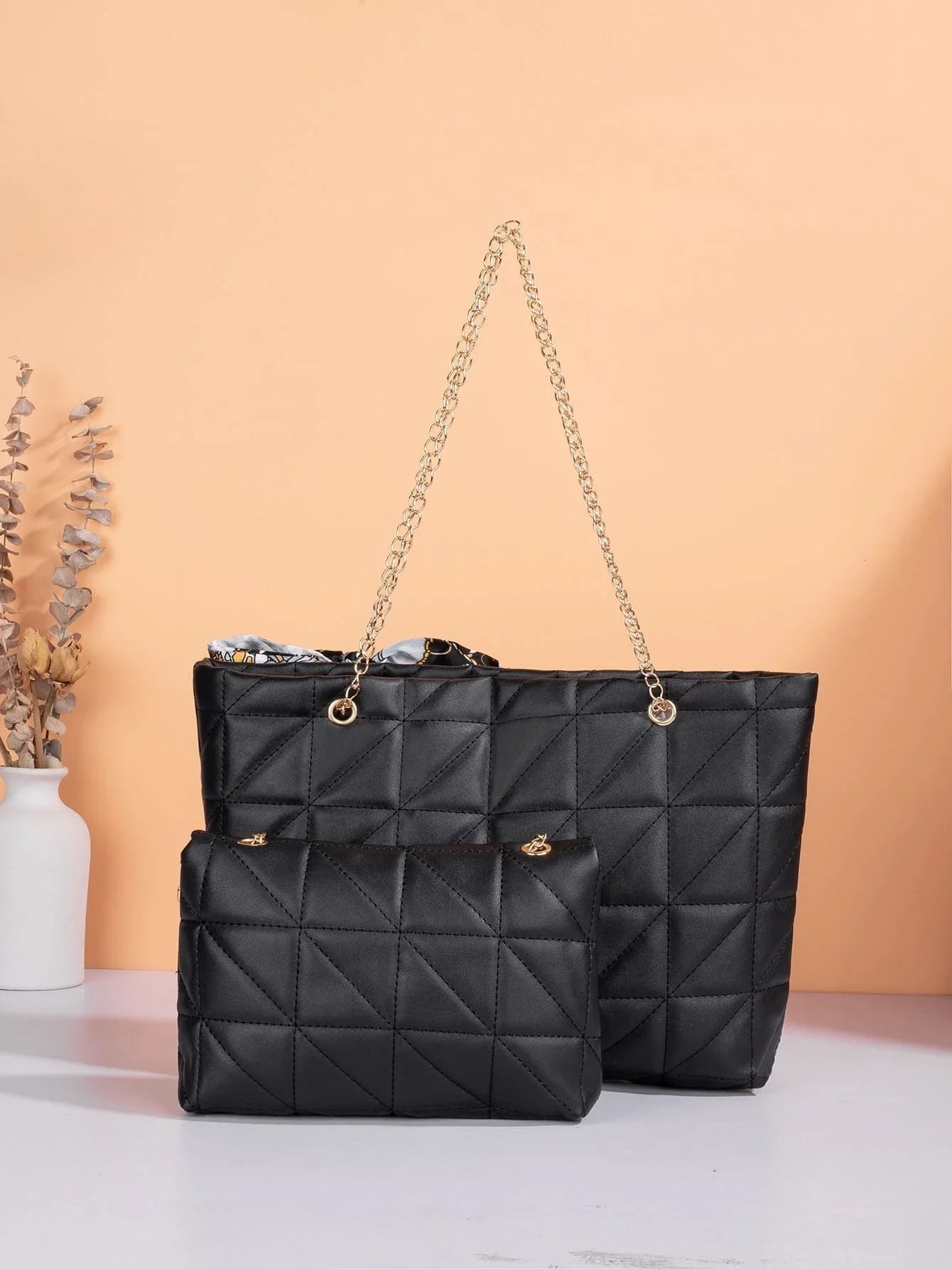 Buy Shein Twilly Scarf Decor Quilted Tote Bag With Square Bag in Pakistan
