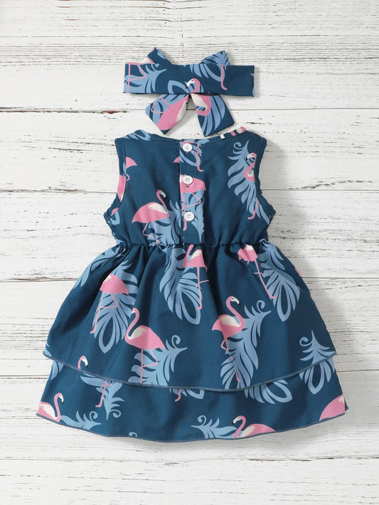 Buy Shein Baby Flamingo Print Layered Hem A Line Dress With Headband in Pakistan