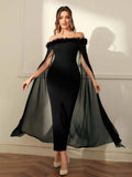 Buy Shein Modely Off Shoulder Fuzzy Trim Split Thigh Chiffon Prom Dress in Pakistan