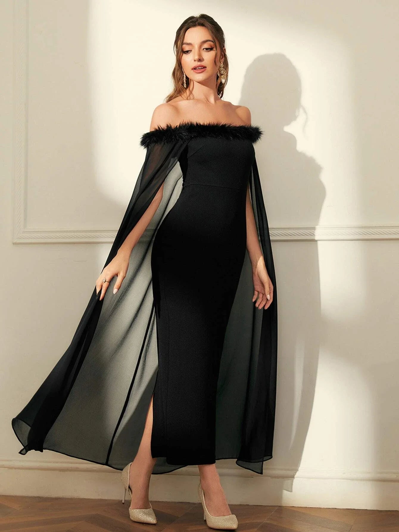 SHEIN Modely Plus Ruched Cloak Sleeve Glitter Formal Dress