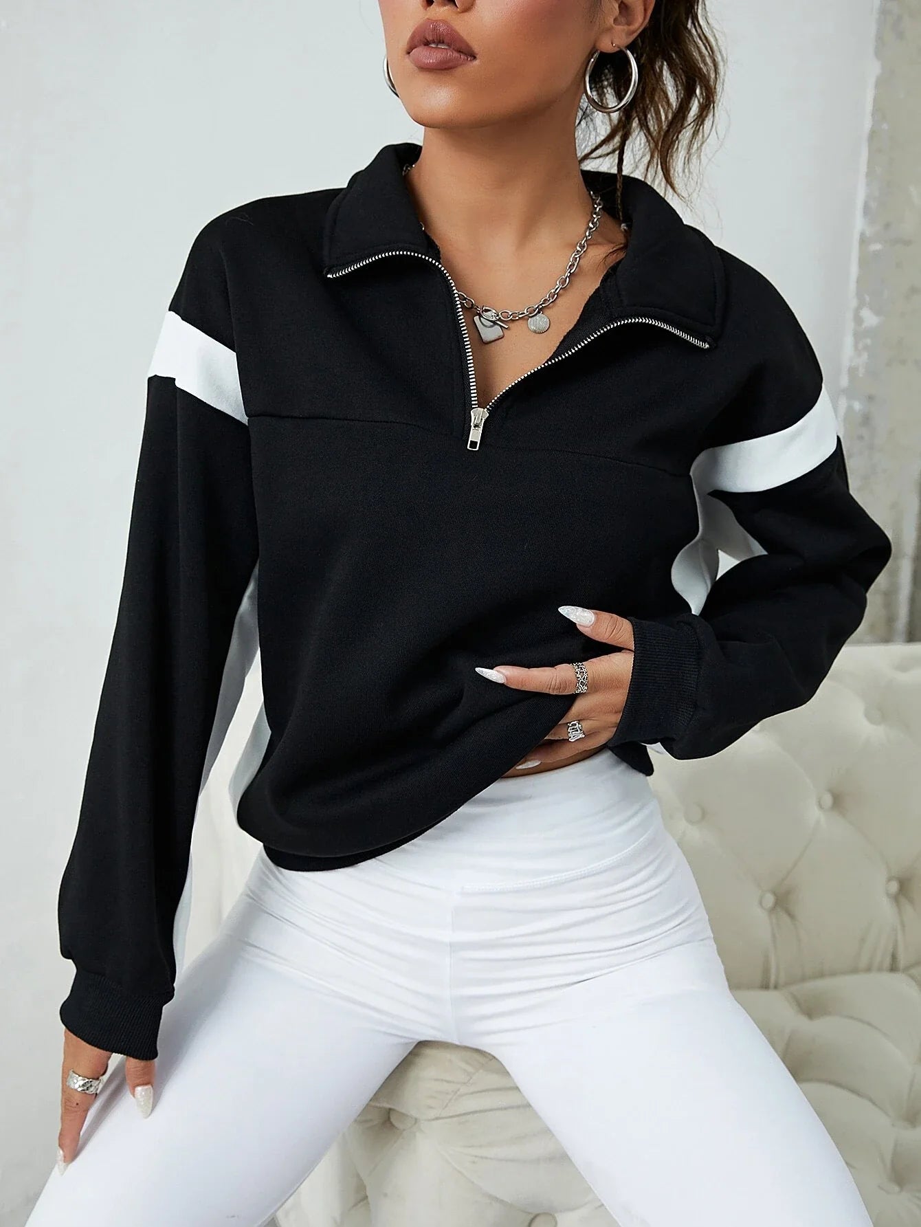 Buy Shein Contrast Panel Half Zip Sweatshirt in Pakistan