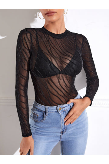 Buy SHEIN BAE Lettuce Trim Glitter Sheer Mesh Top Without Bra - Small Black in Pakistan