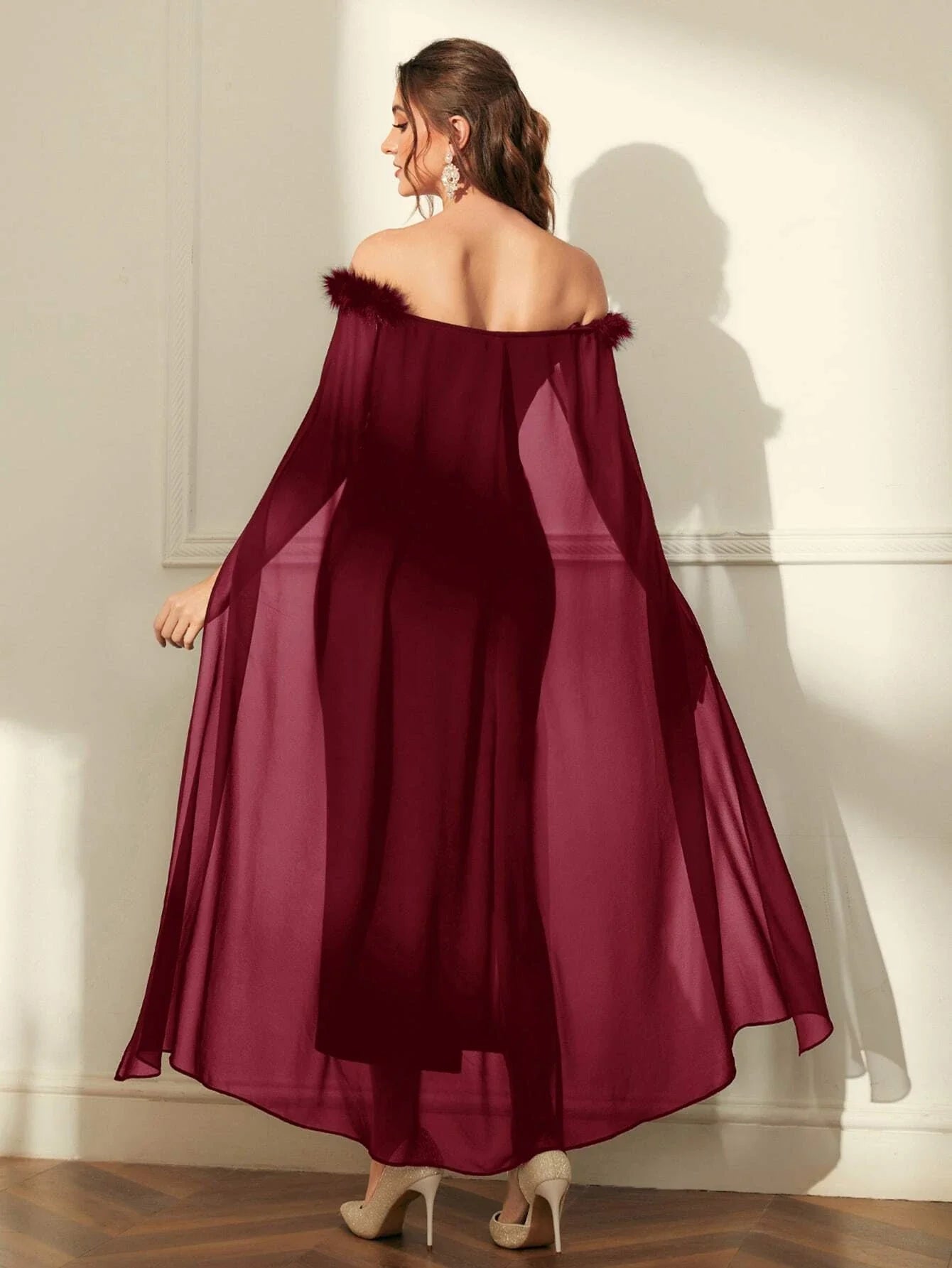 Buy Shein Modely Off Shoulder Fuzzy Trim Split Thigh Chiffon Prom Dress in Pakistan