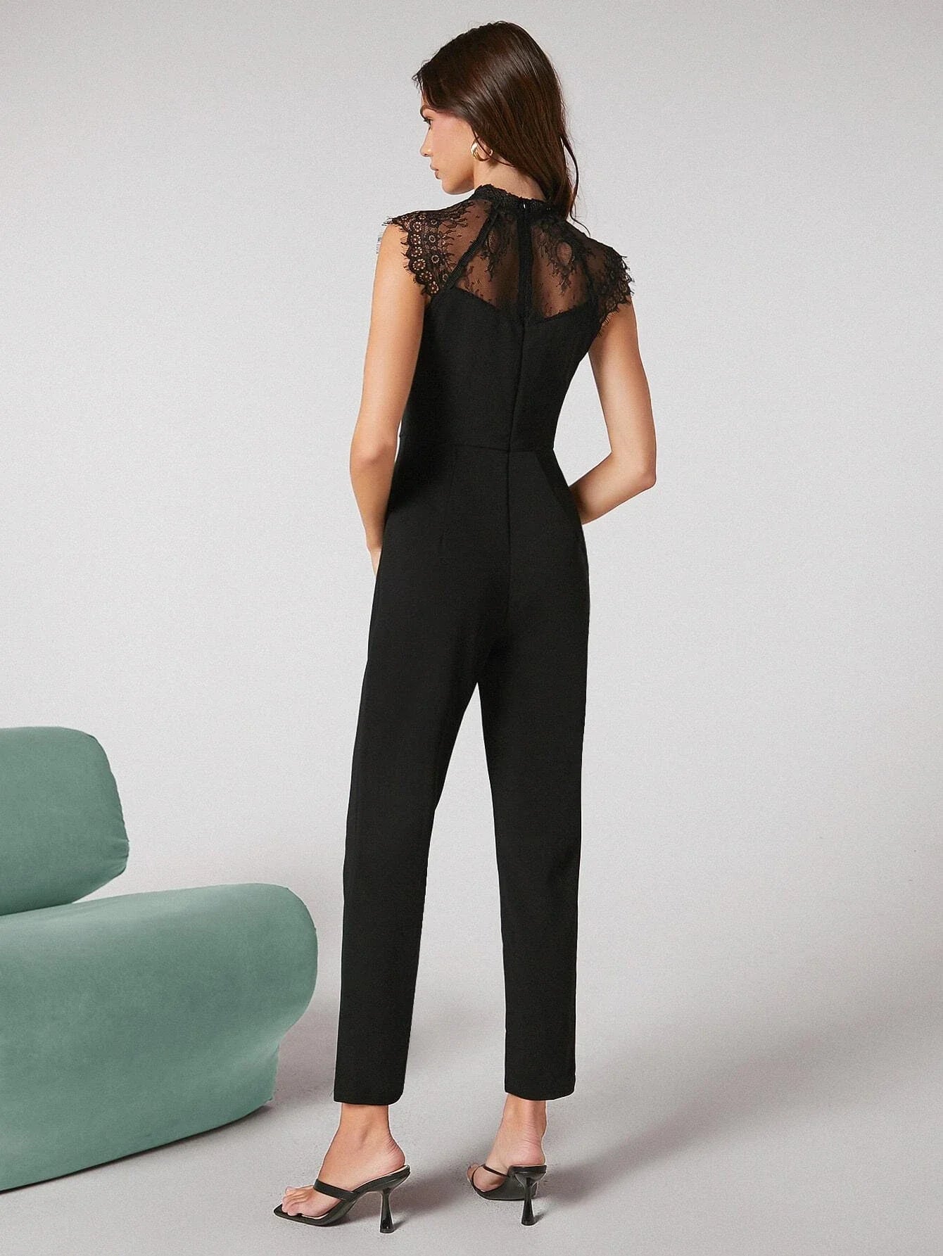 Buy Shein Bizwear Zip Back Contrast Lace Sleeveless Jumpsuit in Pakistan