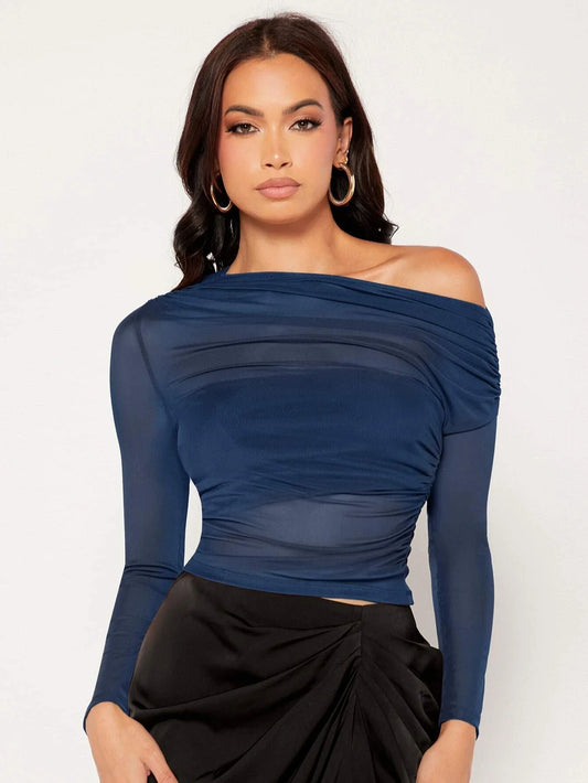 Buy Shein Unity Asymmetrical Neck Ruched Mesh Top in Pakistan