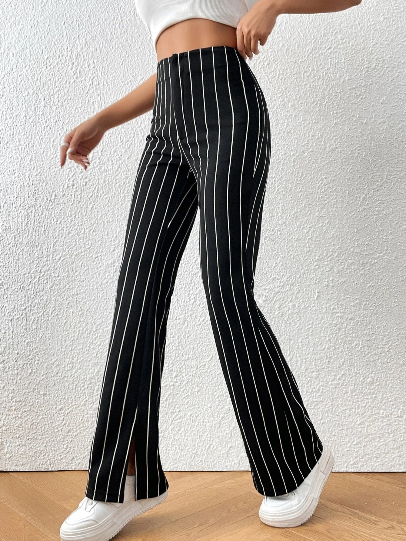 Buy Shein Ezwear Striped Print Split Hem Pants in Pakistan