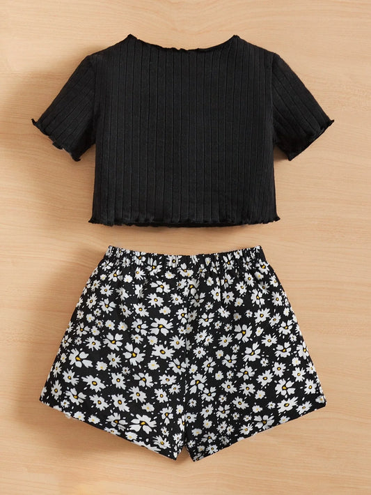 Buy Shein Baby Lettuce Trim Tee & Allover Floral Print Shorts in Pakistan