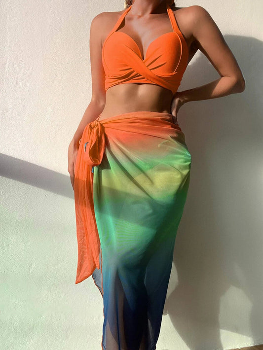 Buy Shein Ombre Bikini Set Halter Push Up Bra & Bikini Bottom & Beach Skirt 3 Piece Bathing Suit in Pakistan