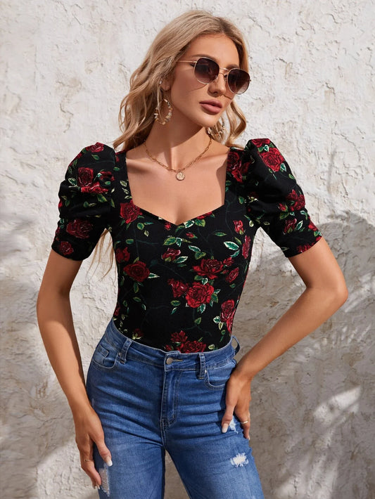 SHEIN Privé Ditsy Floral Print Contrast Lace Puff Sleeve Bustier