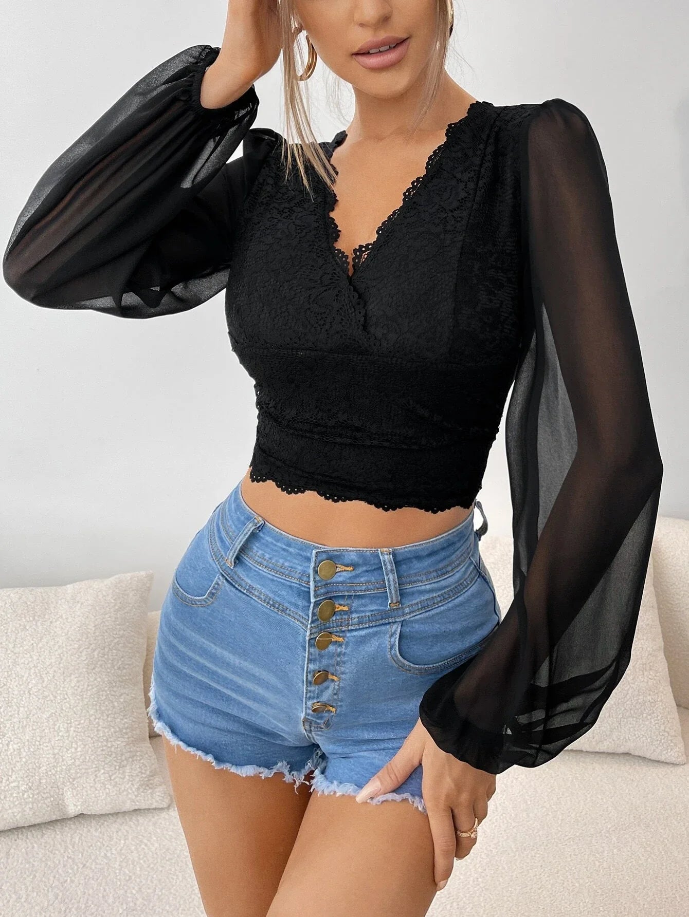 Buy SHEIN Frenchy Contrast Lace Lantern Sleeve Crop Top in Pakistan