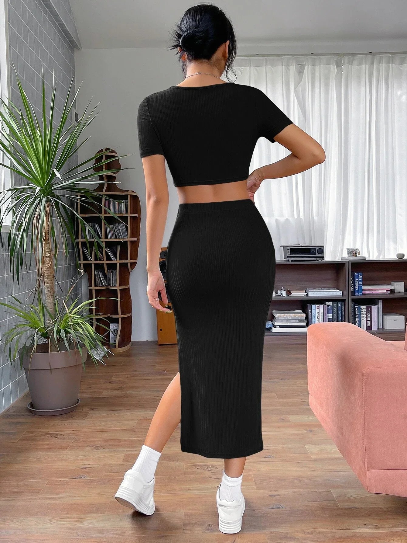 Buy Shein Ezwear Solid Crop Tee & Split Thigh Skirt in Pakistan