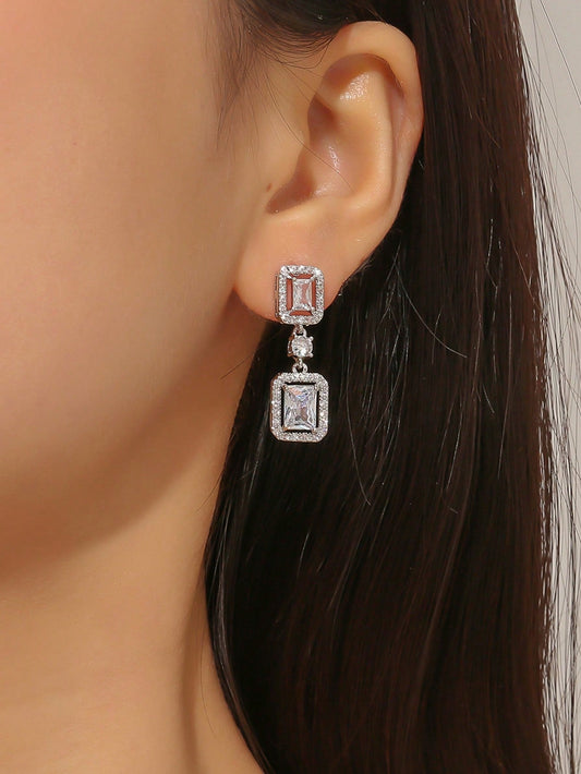 Buy Shein 1pair Chic Square Cubic Zirconia Decorated Drop Earrings For Women in Pakistan