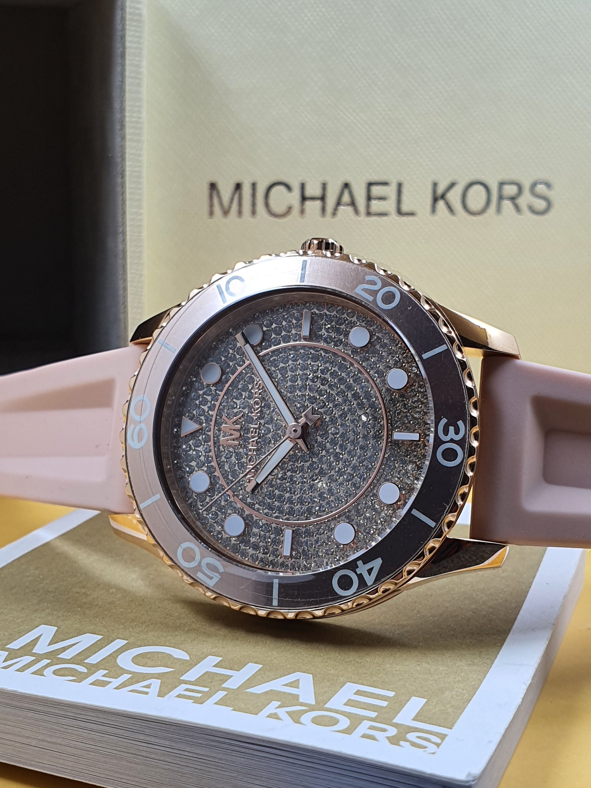 Buy Michael Kors Womens Quartz Runway Pink Silicone Strap Rose Crystal Pave Dial 40mm Watch - Mk6854 in Pakistan