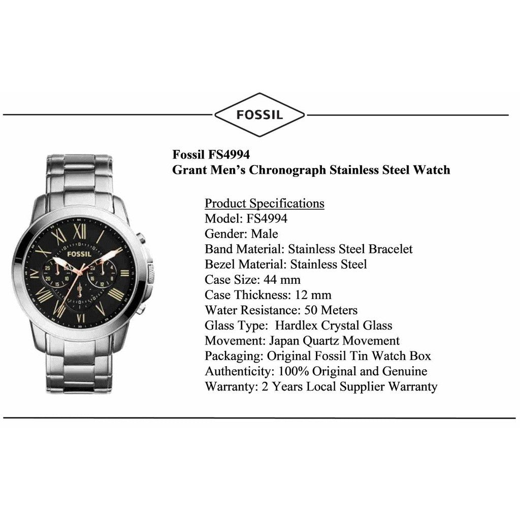 Buy Fossil Men's Chronograph Silver Stainless Steel Black Dial 44mm Watch FS4994 in Pakistan