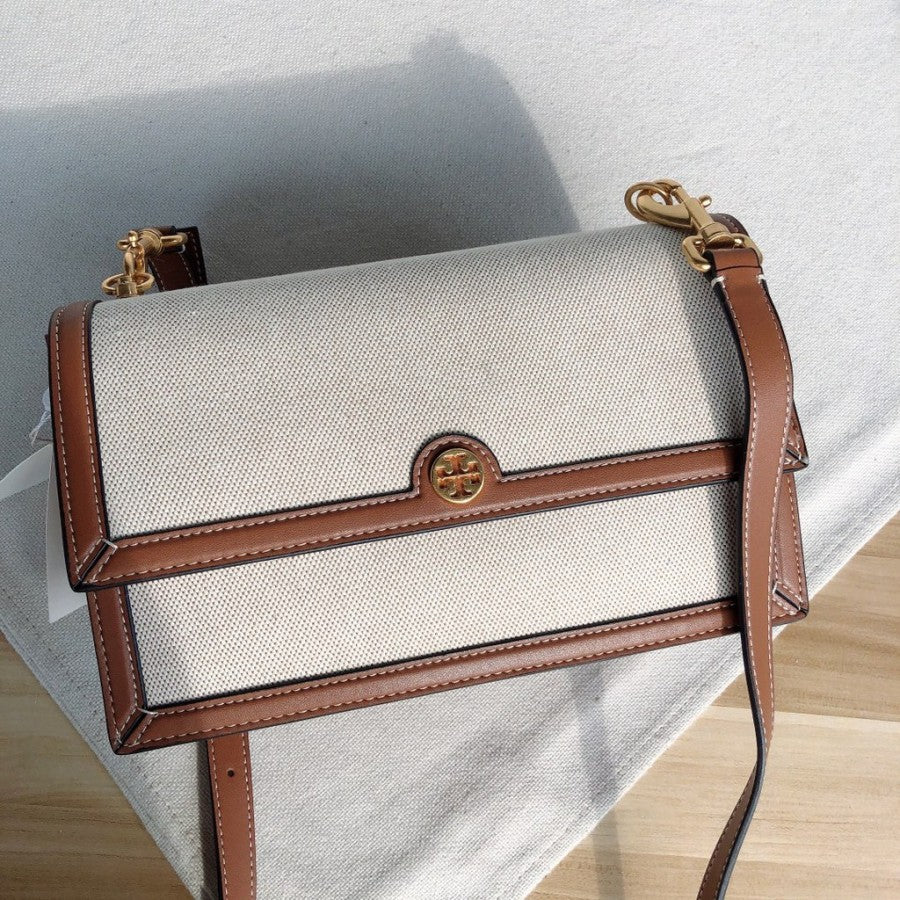 Tory Burch T Monogram Canvas Shoulder Medium Bag - Natural