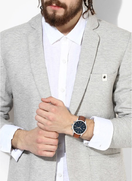 Buy Men's Quartz Stainless Steel Blue Dial Brown Leather Strap 44Mm Watch in Pakistan