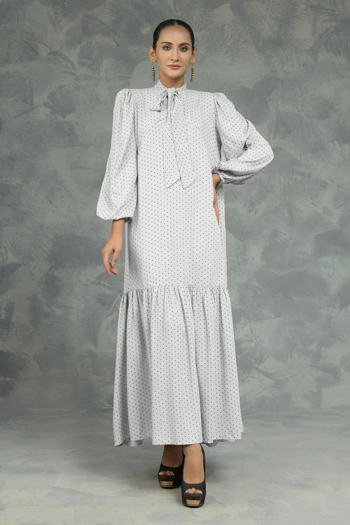 Negative Apparel Knot Collar Lantern Sleeve Dress FD - White