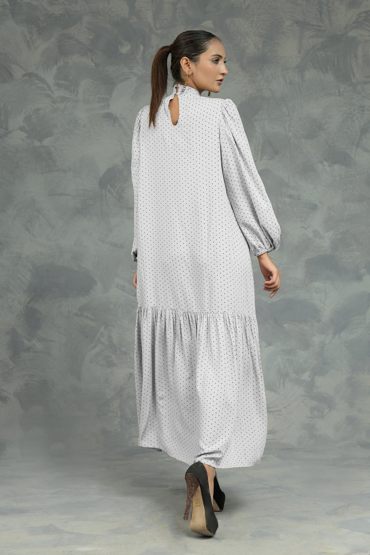 Buy Negative Apparel Knot Collar Lantern Sleeve Dress FD - White in Pakistan